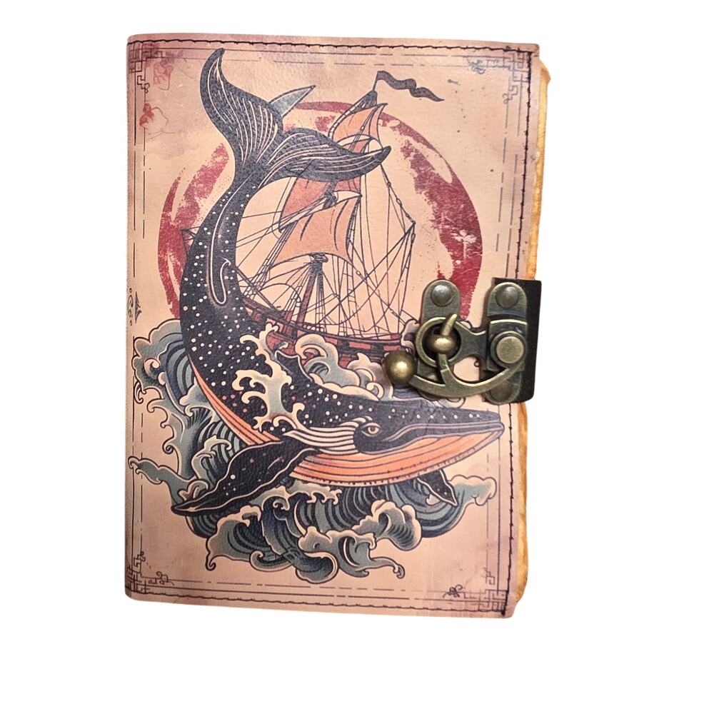 Leather Black Journal Diary Metal Clasp Vintage Paper 5x7 Whale